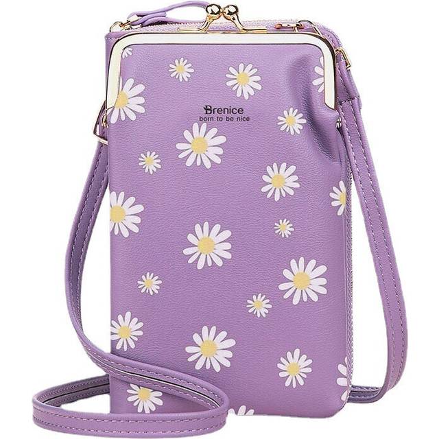 (Purple) Women 13 Card Slots Phone Bag Daisy Crossbody Bag Shoulder Bag