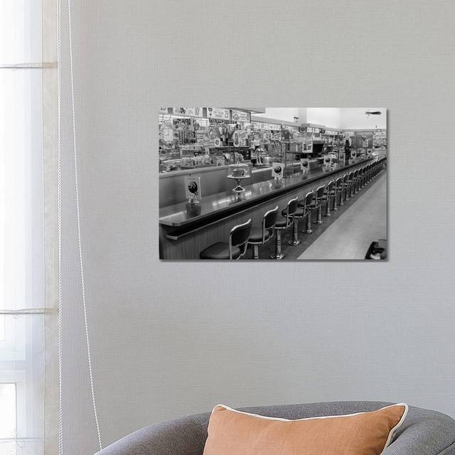 1950s-1960s Interior of Lunch Counter with Chrome Stools - Wrapped Canvas Photograph (66.04 cm H x 45.72 cm W x 1.91 cm D)
