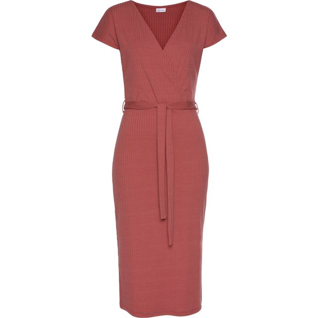 LASCANA Mock Wrap Tie Waist Jersey Dress - Terracotta