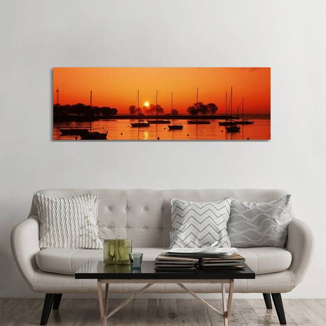 Silhouette of Boats in a Lake, Lake Michigan, Great Lakes, Michigan, USA - Wrapped Canvas Panoramic Photograph (60.96cm H x 182.88cm W x 3.81cm D)