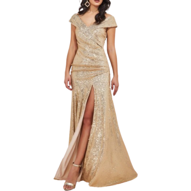 Bardot Sequin Pleated Maxi Dress - Gold by Goddiva - 16