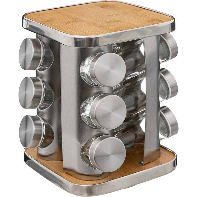 Rack & Rail Company Spice Rack Rotating 12 Glass Jars - Wood And Stainless Steel Finish, Clear
