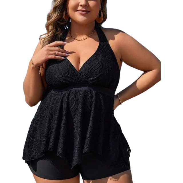 Swim Lushoire Summer Plus Size Women&#39;s Texture Mature Style Halterneck Swimsuit