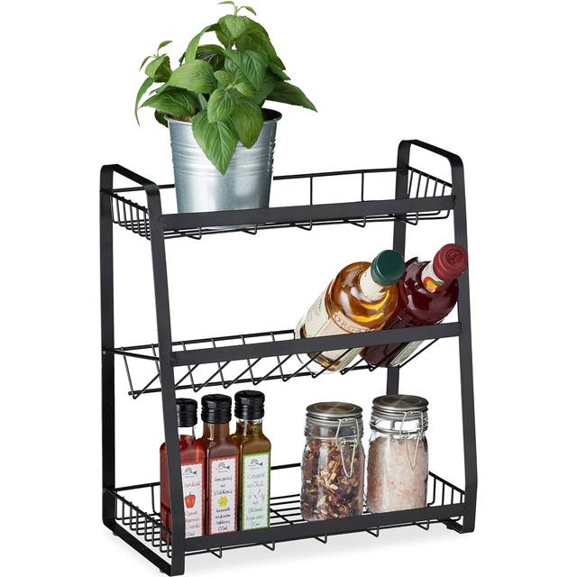 Relaxdays - Metal Spice Rack, 3 Tiers, Standing Jar Holder, for Herbs, Kitchen Organiser, HxWxD: 38 x 35 x 18.5 cm, Black
