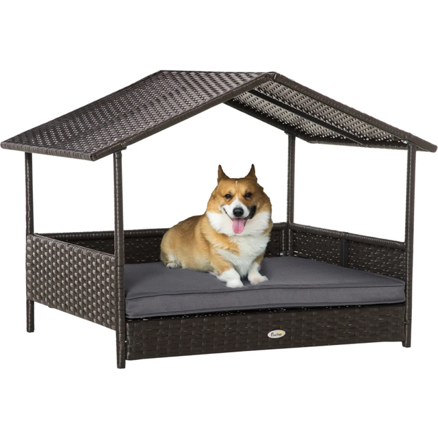 PawHut Wicker Dog House - Rattan Pet Bed with Soft Cushion - Cat Basket - Cream | TJ Hughes Grey