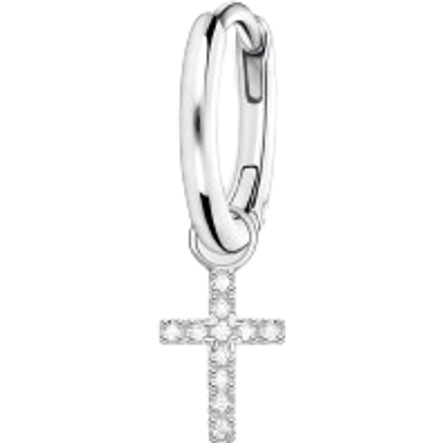 Thomas Sabo Single Hoop Earring - Silver with Cross Pendant - Silver,Clear,White - Height 12mm (0.47 Inch) x Width 6mm (0.24 Inch)
