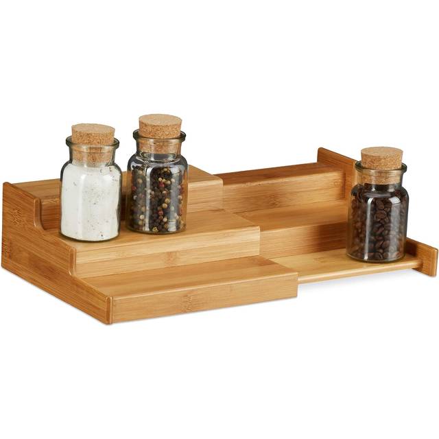 Relaxdays, naturligt kryddställ i bambu, 3 hyllor, utdragbara, naturliga utseende, fuktbeständig, HBT: 8 x 38,5 x 21 cm, standard