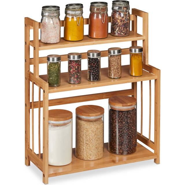 Relaxdays - Spice Rack Bamboo, Adjustable, Kitchen Organiser, Space-Saving, 3 Shelves, HxWxD: 50 x 41.5 x 18 cm, Natural