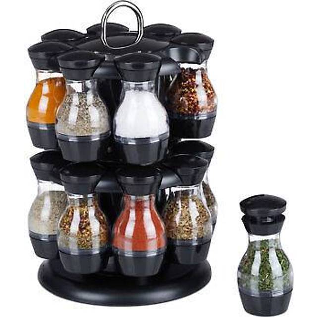 Spice Carousel, 16 Transparent Herb Jars, Rack 360° Rotatable, HxØ: 29 x 19 cm, made of Plastic, Black/Silver - Relaxdays