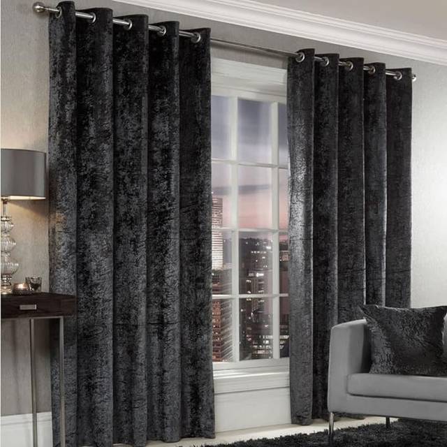 Essential Living Crushed Velvet Eyelet Ring Top Curtains Charcoal 117cm x 137cm, Grey