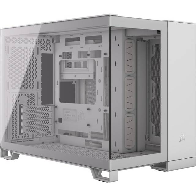CORSAIR 2500X Small-Tower mATX PC-Chassi Med Dubbla Kammare – Panoramabild i Härdat Glas - Kompatibel Med Moderkort Med Omvänd Anslutning – Inga Fläktar Inkluderade– Vit