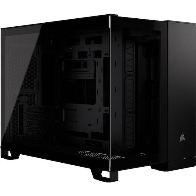 CORSAIR 2500X Small-Tower mATX PC-Chassi Med Dubbla Kammare – Panoramabild i Härdat Glas - Kompatibel Med Moderkort Med Omvänd Anslutning – Inga Fläktar Inkluderade– Svart