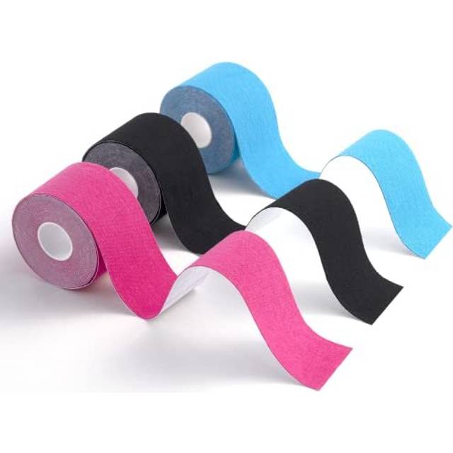 Carehabi - Kinesiotape, sporttejp för musklerna, 5 m x 5 cm, 3 rullar (1 x blå, 1 x rosa, 1 x svart) kinesiotejp vattentät och elastisk för sport