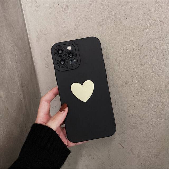 (for iphone 13pro max, D only case) Korean Cute 3D Black Love Heart Soft Phone Case with Wrist Strap For iPhone 14 13 12 Pro Max plus Simple Cover