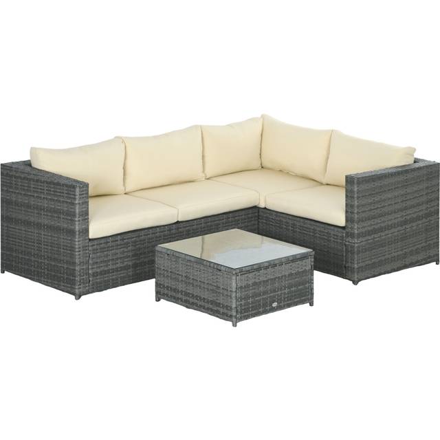 Outsunny 3Pcs Rattan Corner Sofa Set Coffee Table Garden Furniture w/ Cushion | TJ Hughes Beige