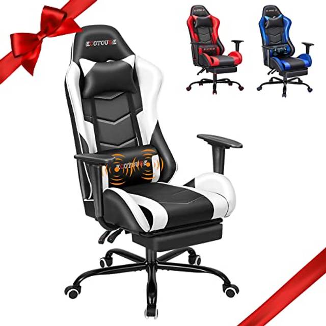 ECOTOUGE PC Massage Gaming Chair with Footrest Ergonomic Office Desk Chair Racing PU Leather Recliner Swivel Rocker with Headrest and Lumbar