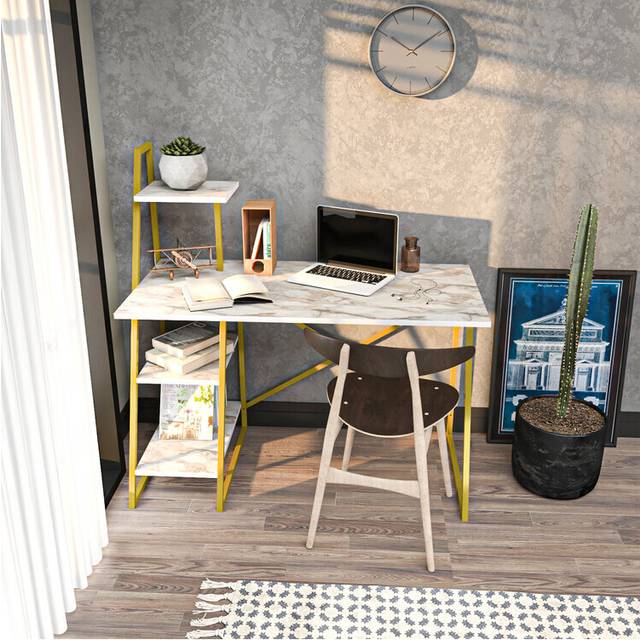 Admira Computer Desk - White Marble Effect&Gold Colour - Yellow