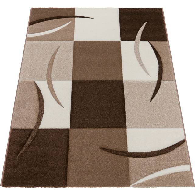 Large rug with contour cut checked pattern brown beige