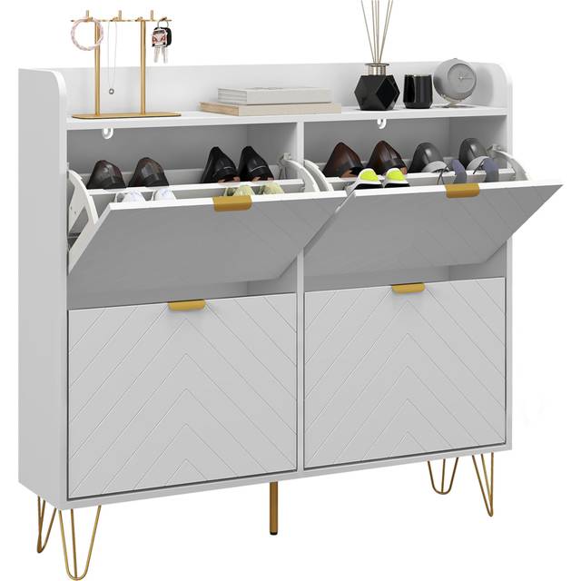 HOMCOM Narrow Shoe Cabinet With 4 Flip Drawers - White, White