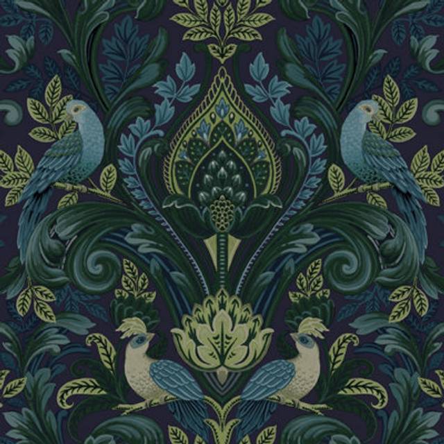 Grandeco Peacock And Leaf Scrolls Opulent Damask Textured Wallpaper, Green Blue, Blue