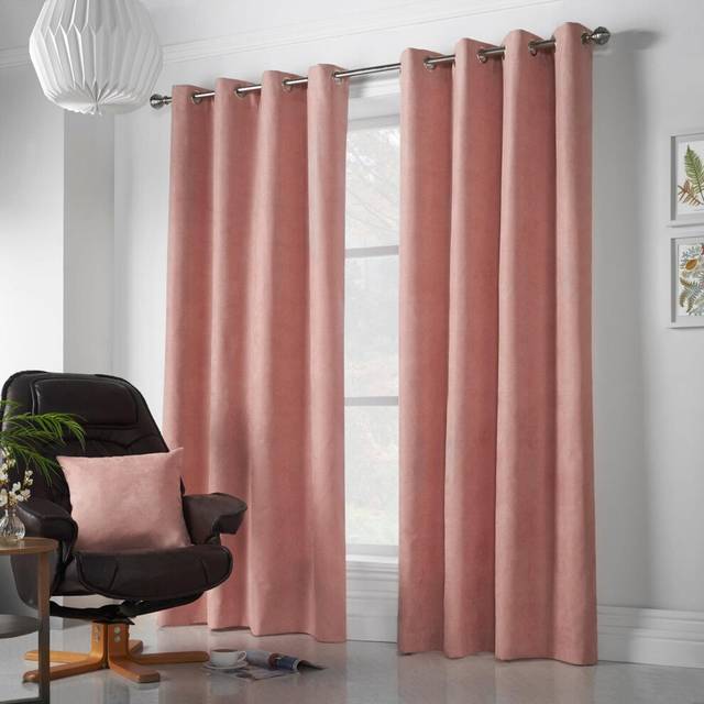 Velvet Chenille Eyelet Ring Top Curtains - Blush / 137cm - Pink