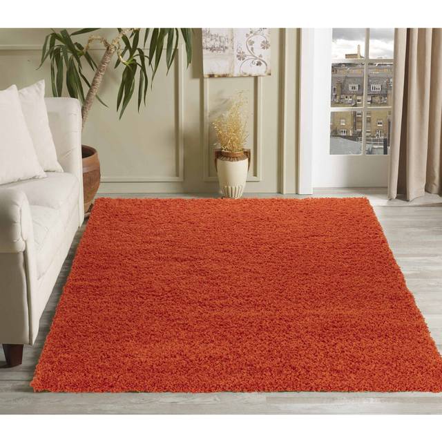 Modern bright orange small - large living room area plain fluffy shaggy rug