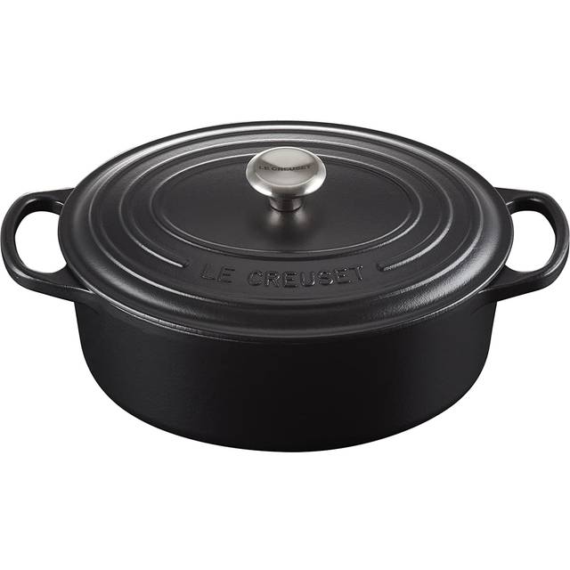Le Creuset Signature gjutjärnspanna med lock, Ø 27 cm, oval, lämplig för alla typer av spisar och induktion, volym: 4,1 l, 4,425 kg, svart