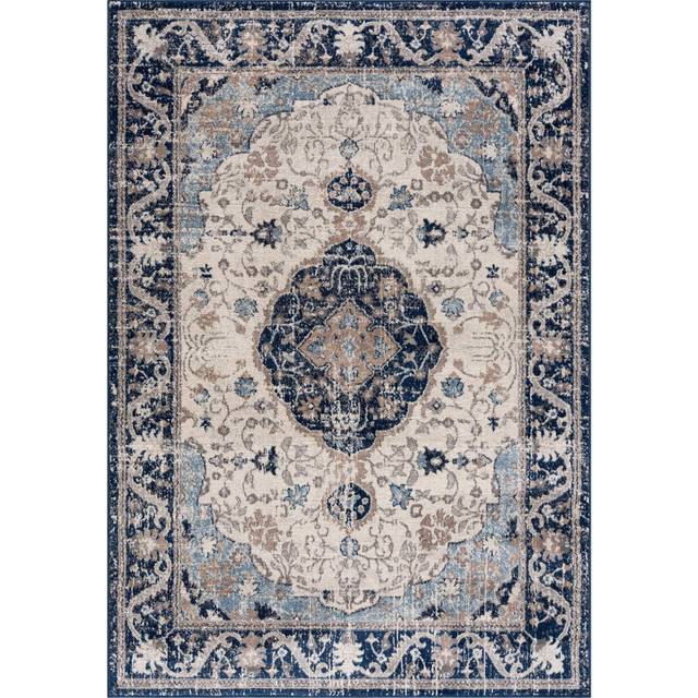 Oriental design non-shedding low pile rug in navy for living room bedroom