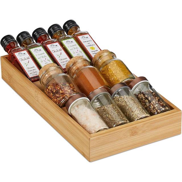 Relaxdays - spice rack for the drawer, with 3 tiers, made from bamboo, seasoning organiser, 20x37x5cm, natural wood look