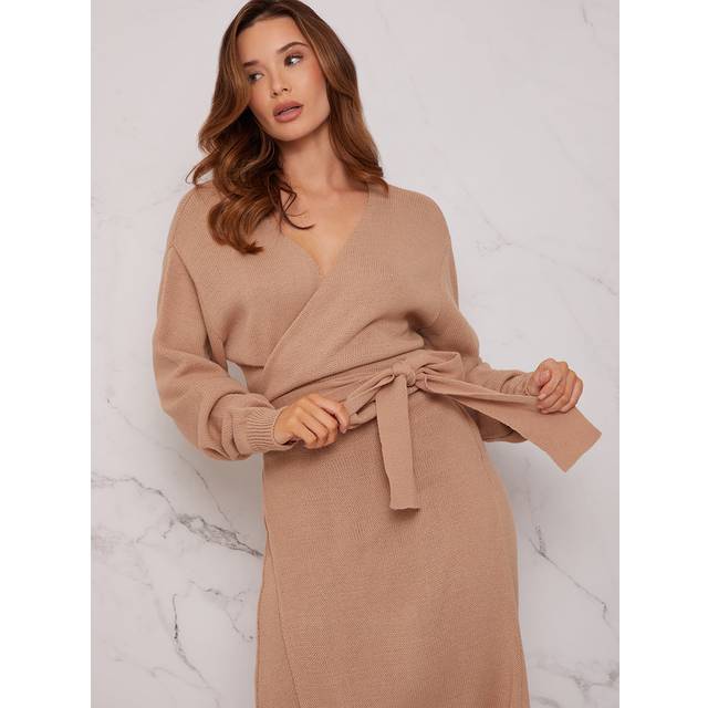 V Neck Wrap Jumper Dress in Beige - L