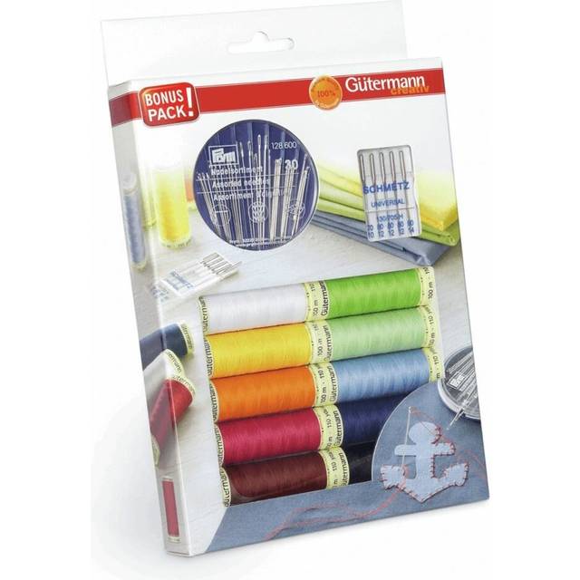 Gütermann Sew-All Thread Set - 10x100m Assorted + 10 Bobbin Clips, Strong Universal Thread for All Fabrics
