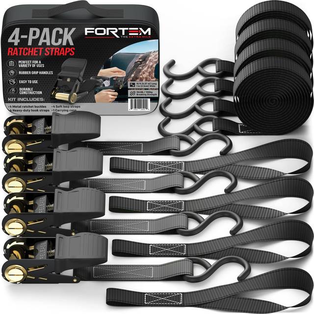Ratchet Tie Down Straps, 4X 4.6m Securing Straps, 4X Soft Loops 748kg Break Strength, Rubber Coated Metal Handles, Plastic Coated Metal Hooks,