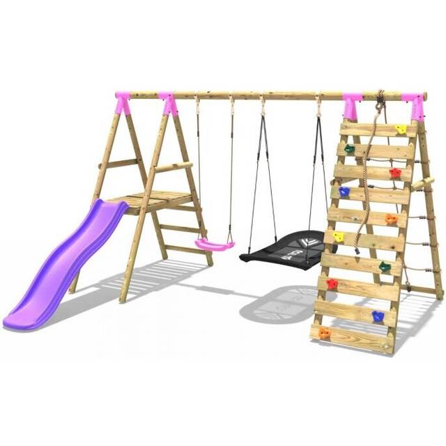 (Quartz, Pink) Rebo Wooden Swing Set with Deck and Slide plus Up and Over Climbing Wall