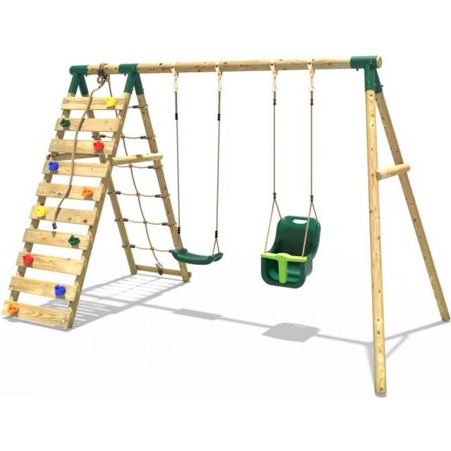 (Kai, Green) Rebo Wooden Swing Set with Up and Over Climbing Wall