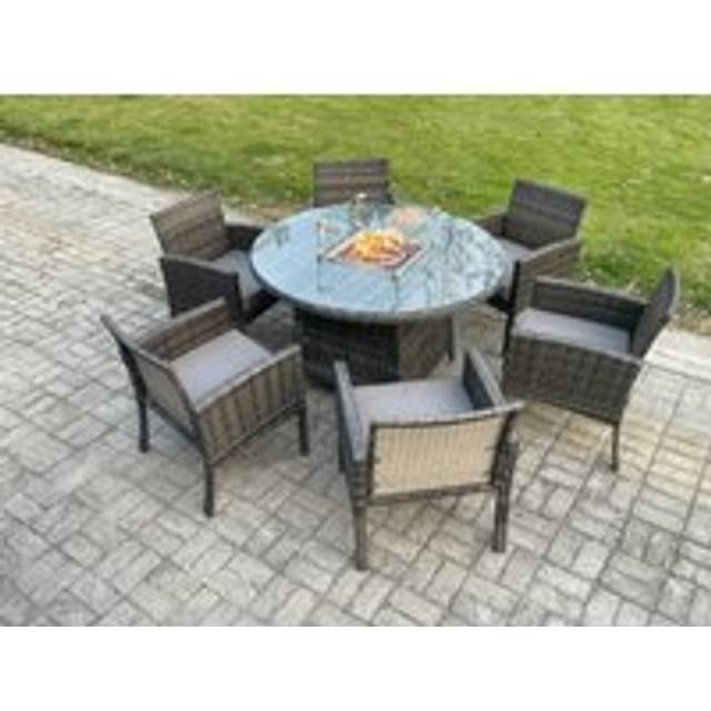 Outdoor Rattan Garden Furniture Set Gas Fire Pit Round Table Sets Gas Heater with 6 Seater Dining Chairs Dark Grey Mixed - One Size