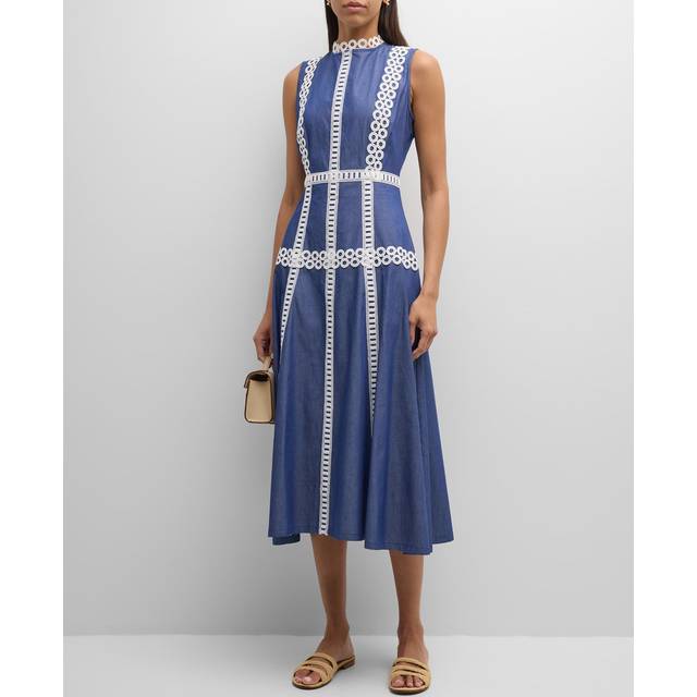 Woven Eyelet-Trim Cotton Maxi Fit & Flare Dress - Modern Fit - Mazarine/White - XX-Small