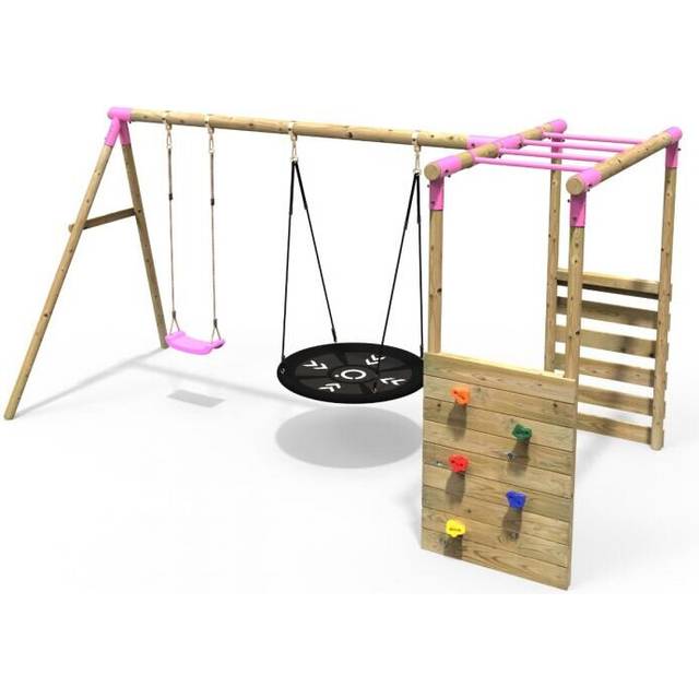 (Monkey Bars - Meteorite, Pink) Rebo Wooden Children's Garden Swing Set with Monkey Bars
