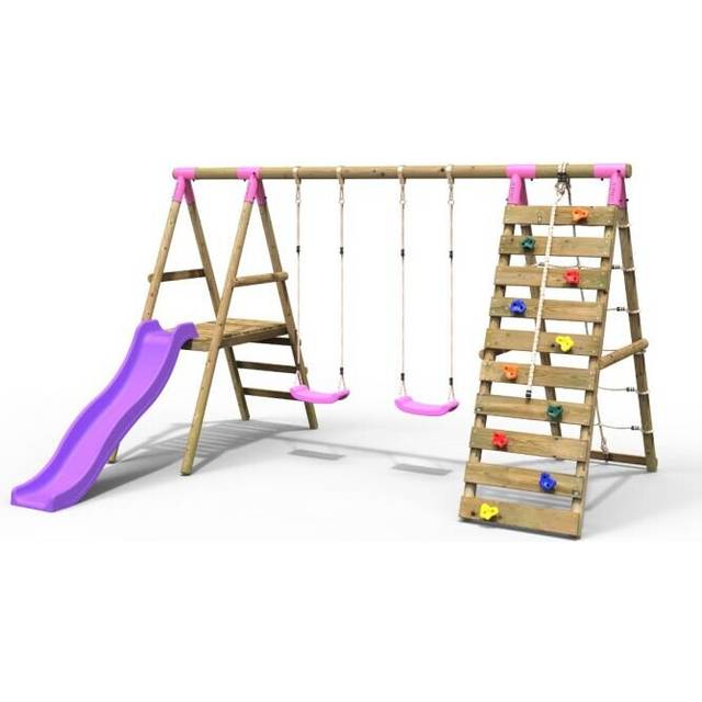 (Jade, Pink) Rebo Wooden Swing Set with Deck and Slide plus Up and Over Climbing Wall