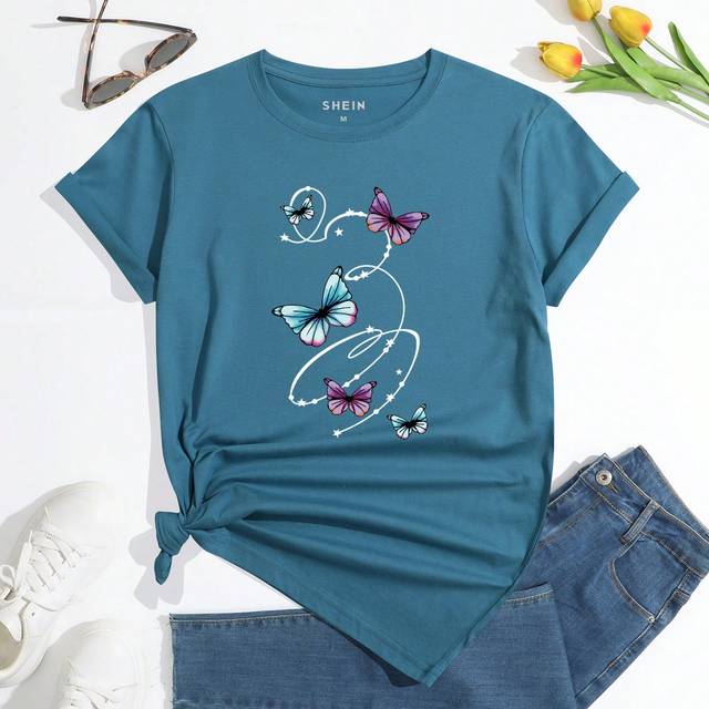 INAWLY Butterfly & Star Patterned Round Neck T-Shirt Graphic Tees Women Tops