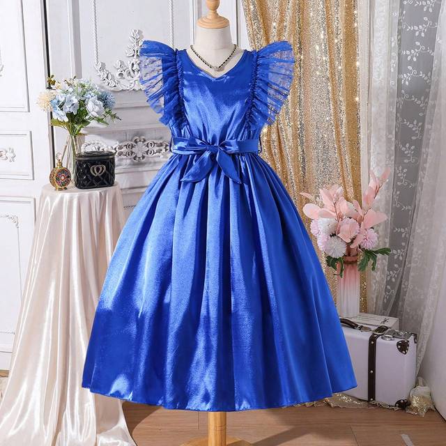 SHEIN Summer Style Tween Girls&#39; Gorgeous And Elegant Ruffle Edge Flutter Sleeve Dress With Shiny Fabric, Suitable For Wedding, Party, Holiday And Gathering