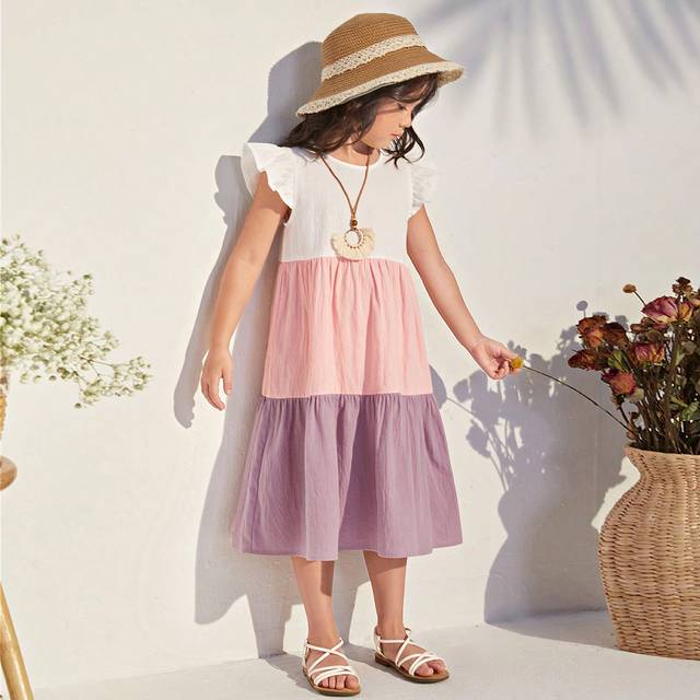 SHEIN Young Girl Casual Patchwork Color Block Cap Sleeve Dress With Round Neckline Purple Dress For Young Girl>Casualdress For Young Girl Girl>Colorblock