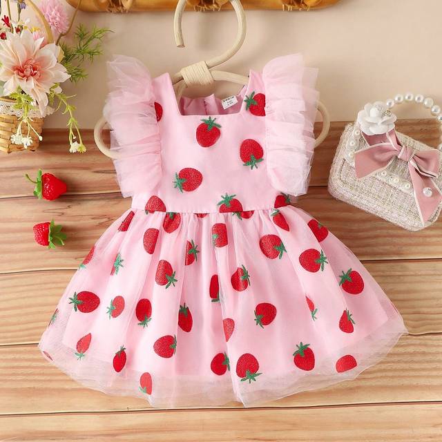 Baby Girl Rosa Strawberry Utsmyckad Tyll Klänning Med Fluffig Klänning (6-9M,9-12M,12-18M,18-24M,2-3Y)