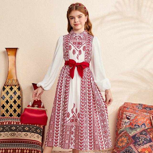 SHEIN Tween Girl Cute Peter Pan Collar Light Palace Print Long Sleeve Midi Dress