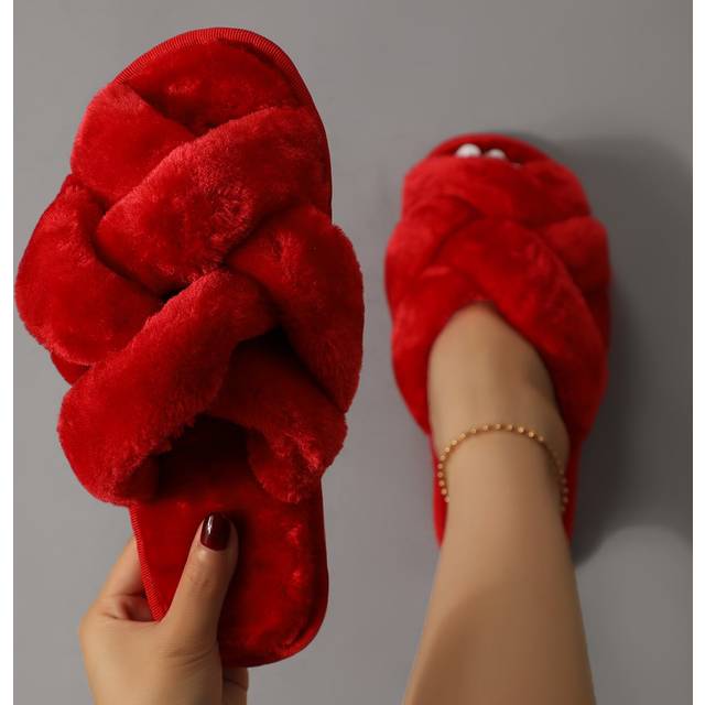 SHEIN Women&#39;s Fashionable Solid Color Bedroom Slippers With Crossed Straps, Red