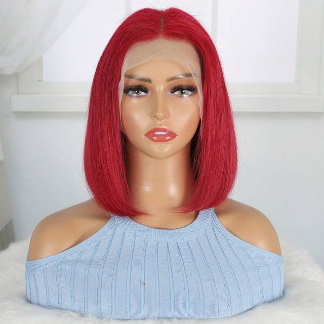 9AM Hair 13 X 4 Lace Front Red Short Straight Bob Human Hair Wigs Pre Plucked Hairline High Density Wig For Women Red Color