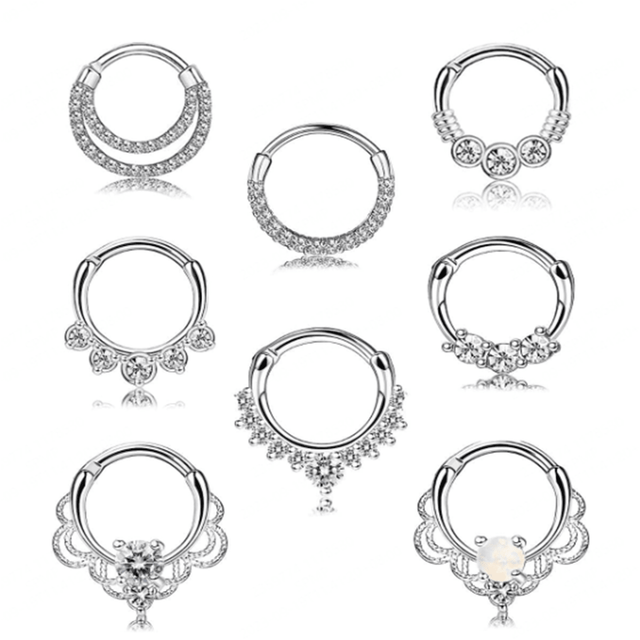 SHEIN 8pcs 16G Fashion Hypoallergenic Stainless Steel Clicker CZ Septum Jewelry For Women Men,Daith Cartilage Helix Earring Silver Nose Hoop Rings Suitable