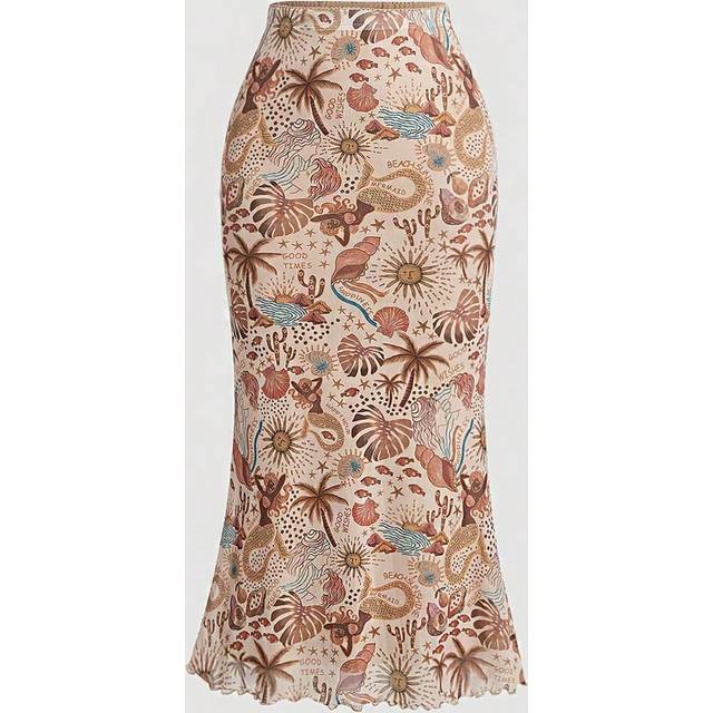 SHEIN Vintage Style Knitted Women&#39;s Plant Printed Mermaid Hem Skirt