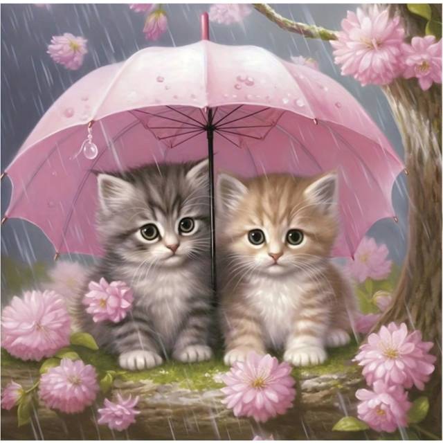 SHEIN Diy Diamond Painting Kit, 5d Cat Holding Umbrella Round Diamond Art Set, Circular Full Drill Diamond Embroidery With Accessories, Art Wall Decoration