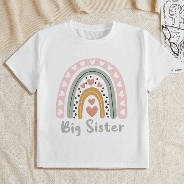 SHEIN Young Girls&#39; Casual Rainbow Letter Print Short Sleeve T-Shirt Suitable For Summer