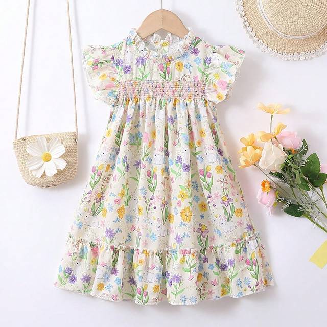 SHEIN Young Girls&#39; Lovely Grass And Flowers Printed Bunny Dress For Summer,Holiday,Summer,Travel